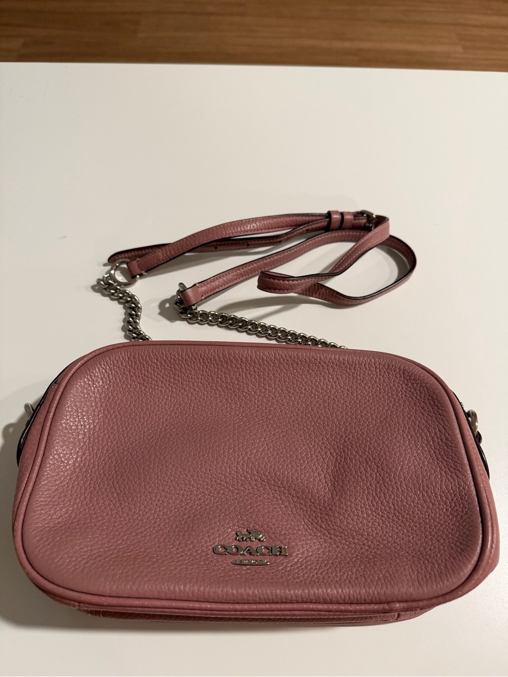 Coach Dusty Rose Pebbled Leather Camera Bag with Chain Strap